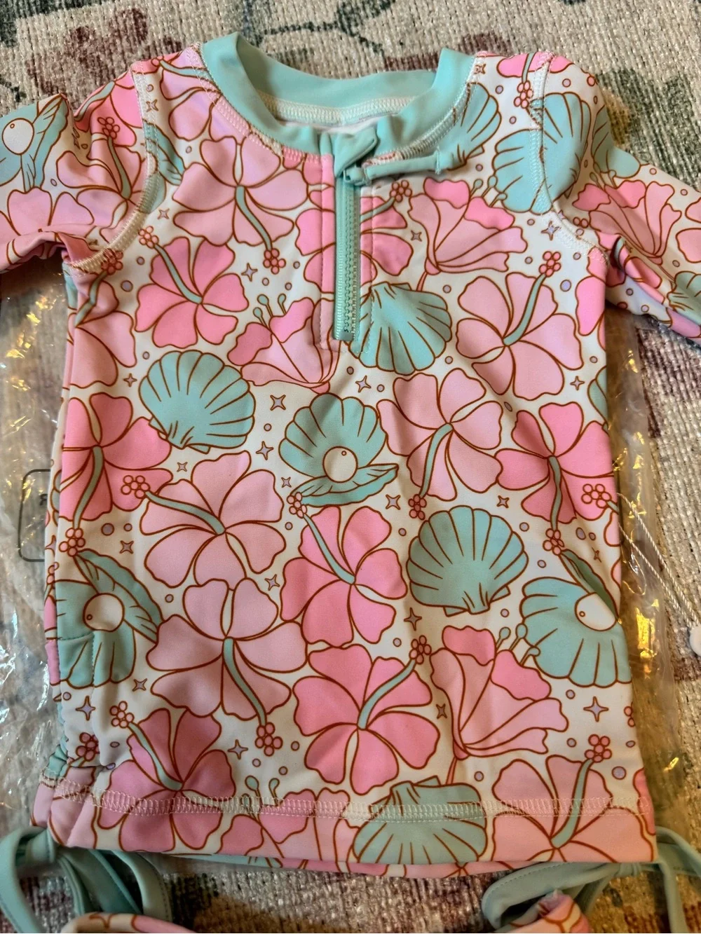 Caden Lane Pink and Mint Floral Long-Sleeve Rashguard Set